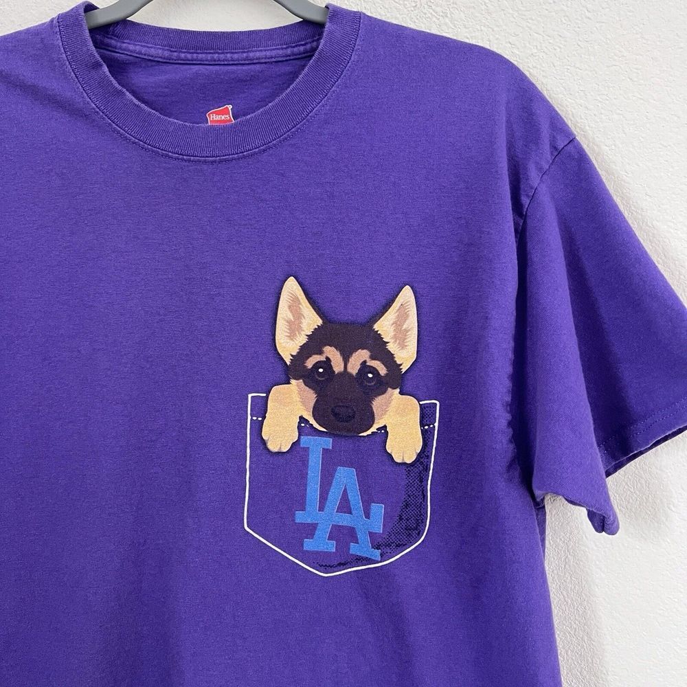 Hanes Tagless T-Shirt 100% Pre-Shrunk Cotton Purple‎ Sz Large LA Puppy Face